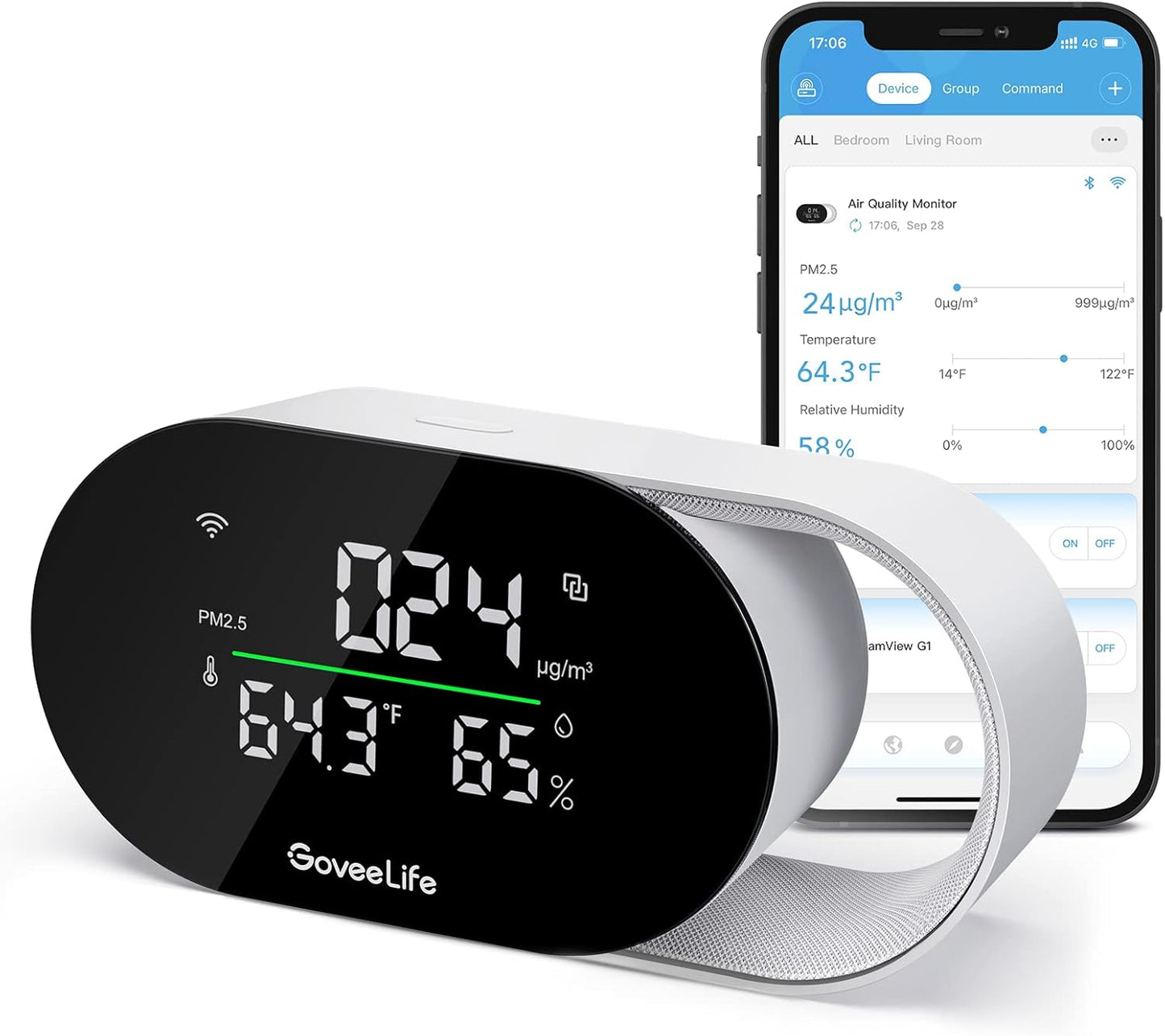 GoveeLife Smart Air Quality Monitor with PM2.5, WiFi, Temperature & Humidity Sensors, LED Display, 2s Refresh, 2-Year Data Storage, for Home & Office Wired