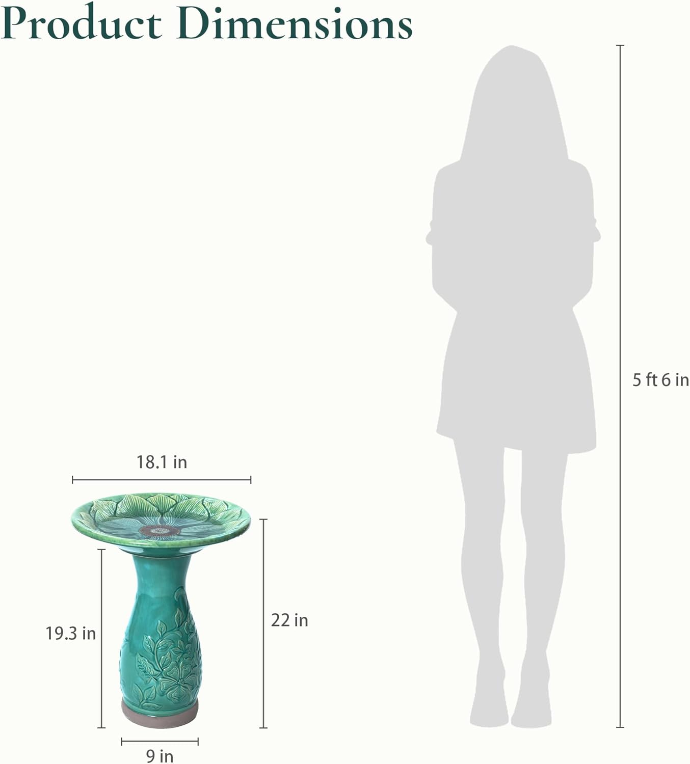 LuxenHome 23 Inch Ceramic Bird Bath for Outside, Elegant Tall Outdoor Bird Bath, Lightweight Pedestal Glazed Birdbaths for Outdoors with Floral Embossed Design, Jade Green