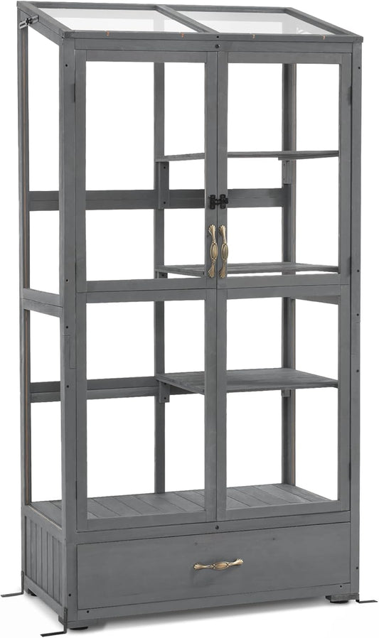 Macrout Cold Frame Greenhouse, Tall Wooden Greenhouse for Outdoor Indoor Use with Polycarbonate Panels, 3 Tier Garden Cold Frame with Drawer and Shelves, 0864 (Dark Grey)
