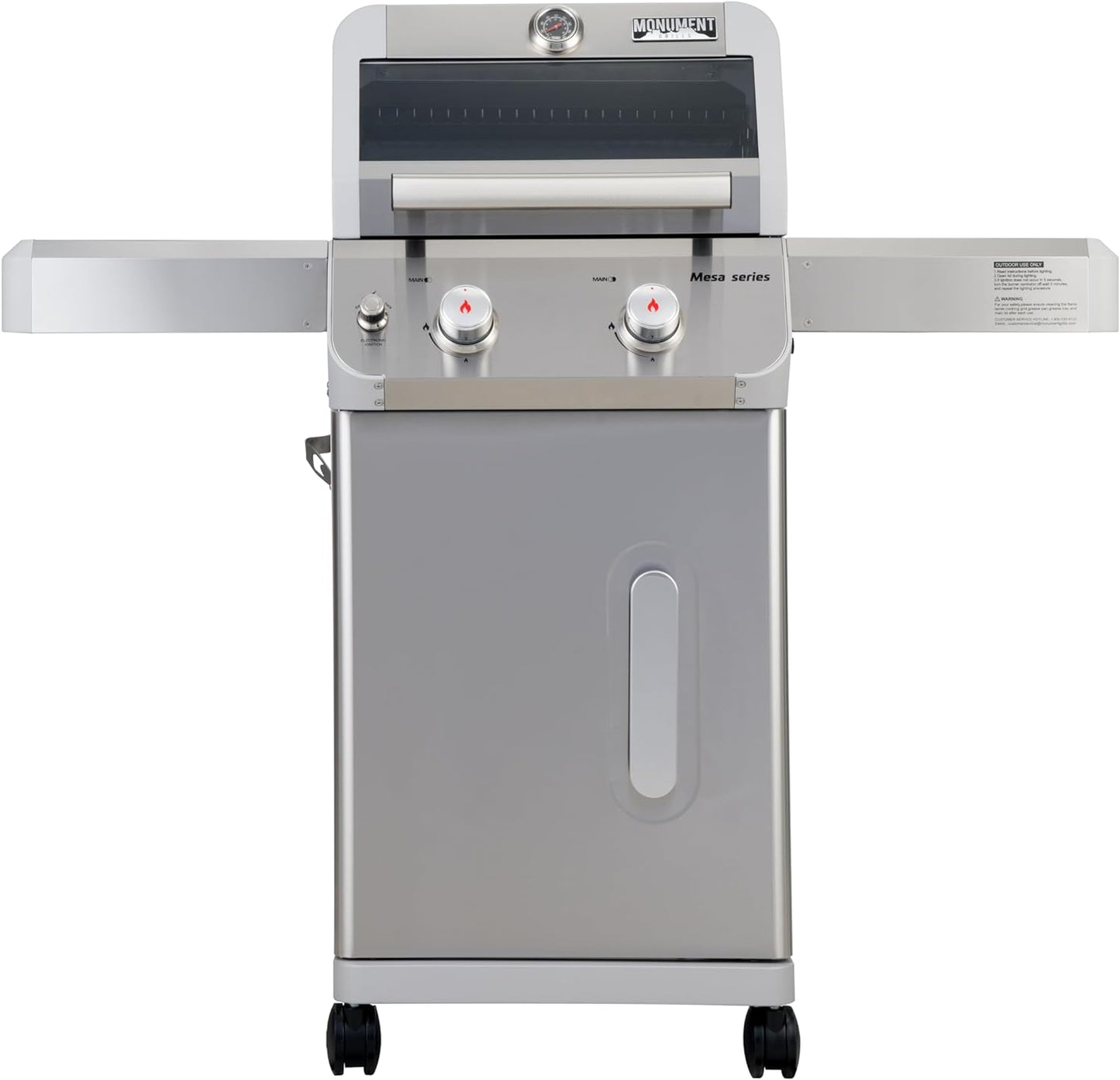 Monument Grills 2-Burner Stainless Steel Liquid Propane Gas Grill, Two Foldable Shelves Patio Garden Barbecue Grill with Clearview® Lid, Knob Control Mesa200S