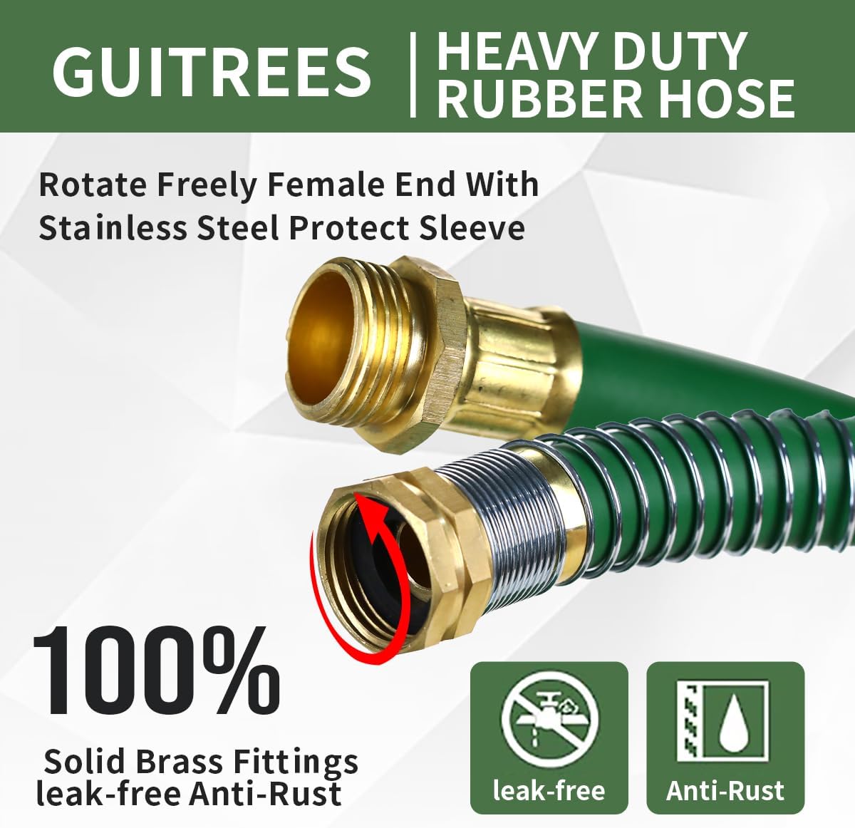100FT 5/8 Heavy Duty Rubber Garden Hose - 200psi Working, 1000psi Burst - Hot/Cold Water - Five-Layered Braiding for Durability - Versatile for Gardening, Agriculture, Construction(Green)