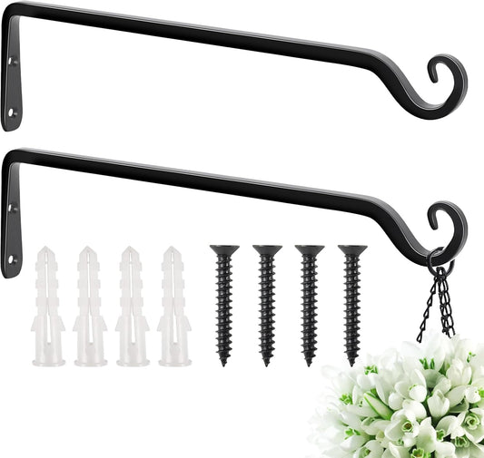 FEED GARDEN 15 Inch 2 Pack Hand-Forged Hanging Plant Bracket Heavy Duty Metal Plant Hangers for Outdoor Hanging Bird Feeders Lanterns Wind Chimes Black