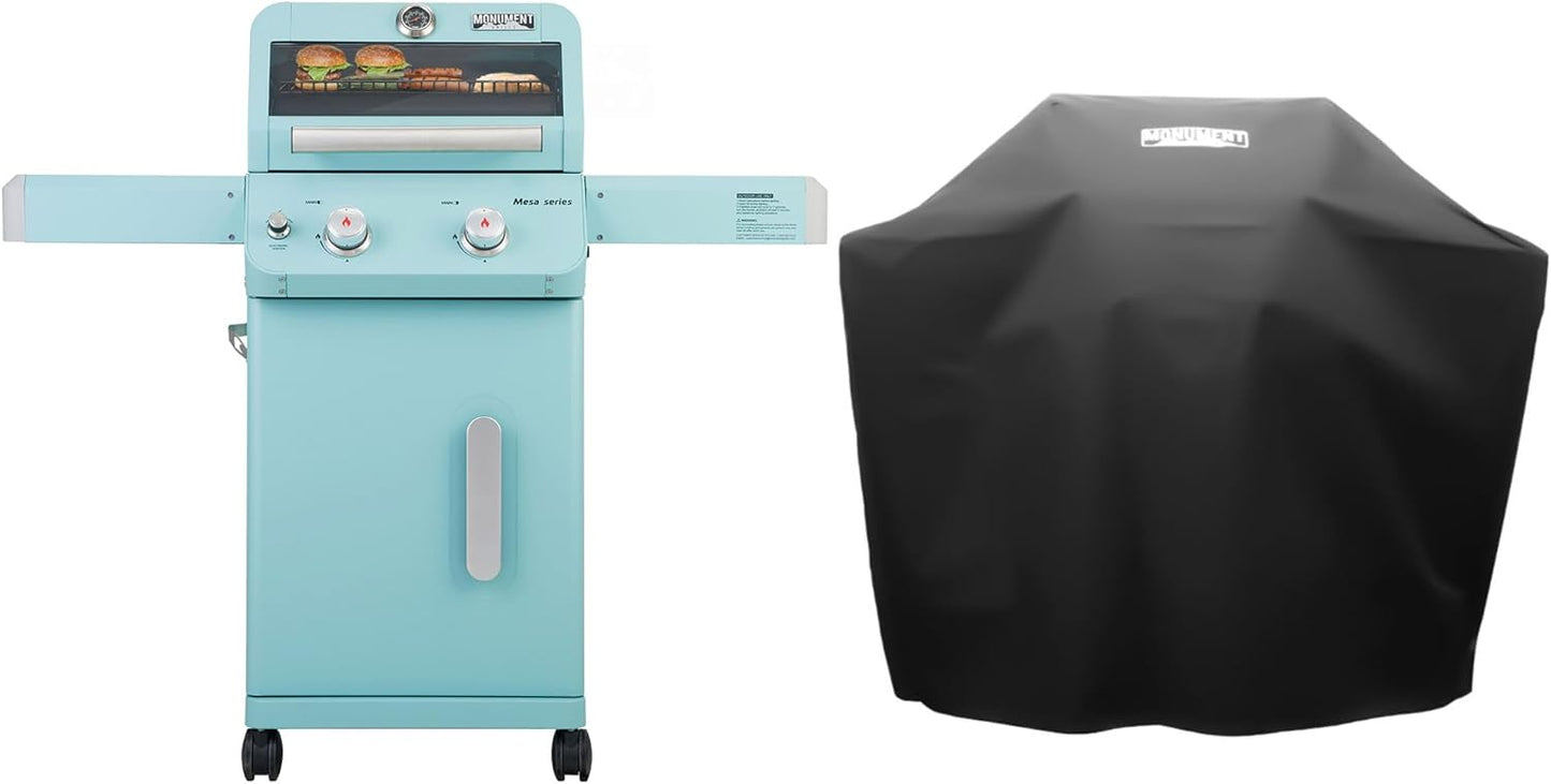 Monument Grills 2-Burner Stainless Steel Liquid Propane Gas Patio Garden Barbecue Grill with Clearview® Lid, Knob Control and Two Foldable Shelves Mesa200G with BBQ Cover, Green