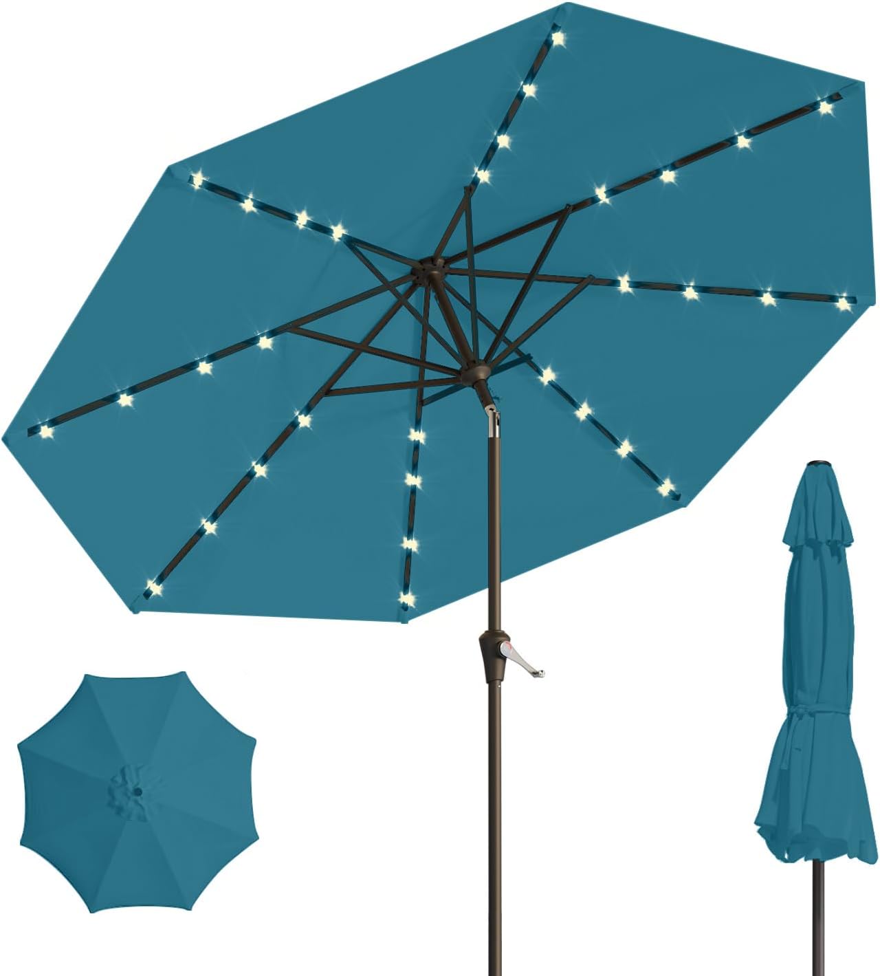 10FT Solar Umbrella 32 LED Lighted Patio Umbrella Table Market Umbrella w/Tilt and Crank, UV-Resistant Outdoor Umbrella for Pool, Garden, Deck, Lake Blue