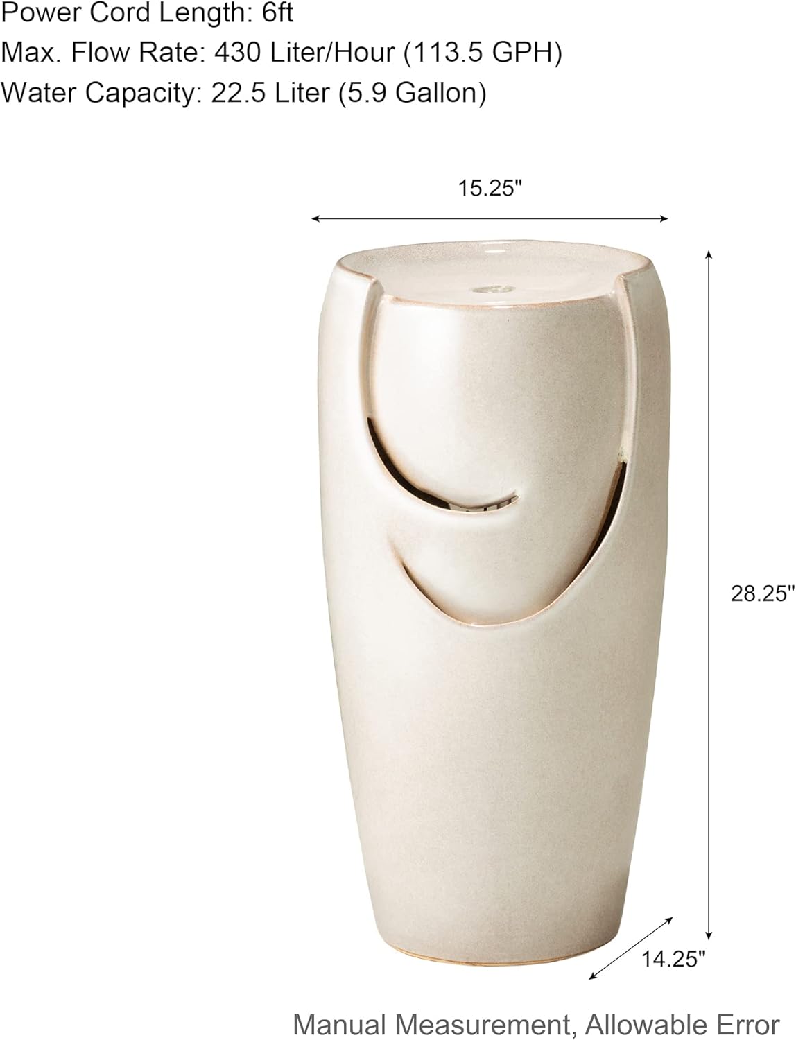 Glitzhome 29.25" H Oversized Ceramic Vase Outdoor Water Fountain Tall Patio Garden Water Fountain with LED Light and Submersible Pump Yard Art Decor, Sand Beige