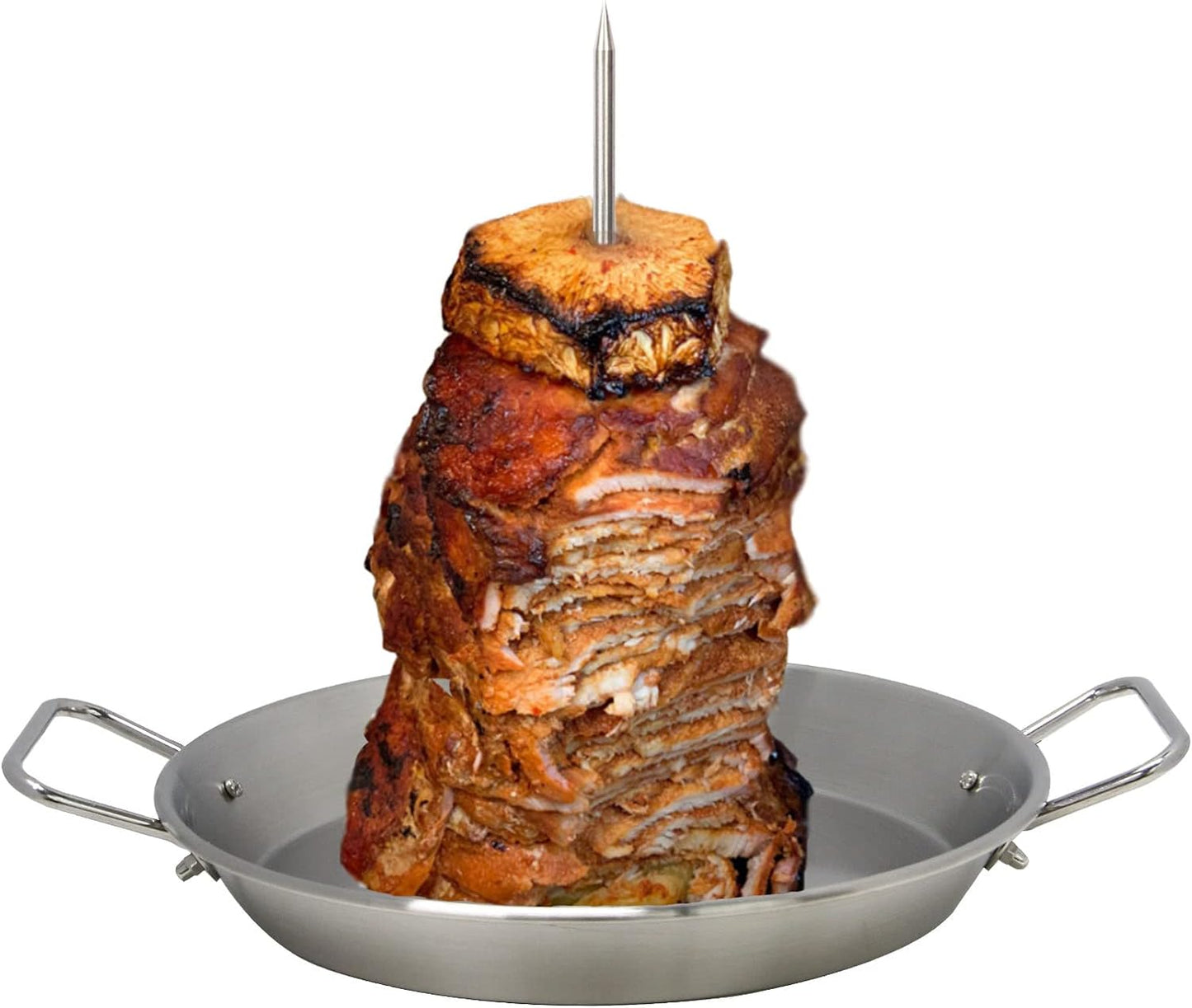 BBQ Vertical Skewer Pan Gyro Spit Stand for oven, Al Pastor Shawarma Skewer for Grill, El Pastor Hack for Tacos Al Pastor Chicken, Brazilian, Stainless Steel, with 8",10" and 12" stick