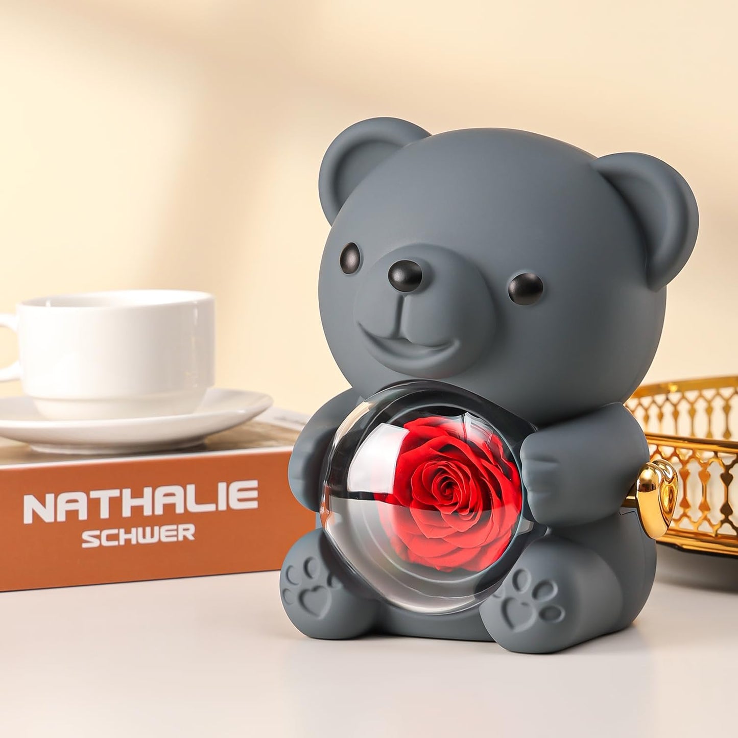 Cute Teddy Bear with Preserved Rose - A Real Rose Flower in Bear with Elegant Gift Box - Romantic Gift for Her in Mother's Day, Weddings, Anniversaries, and Bridal Showers (Grey)