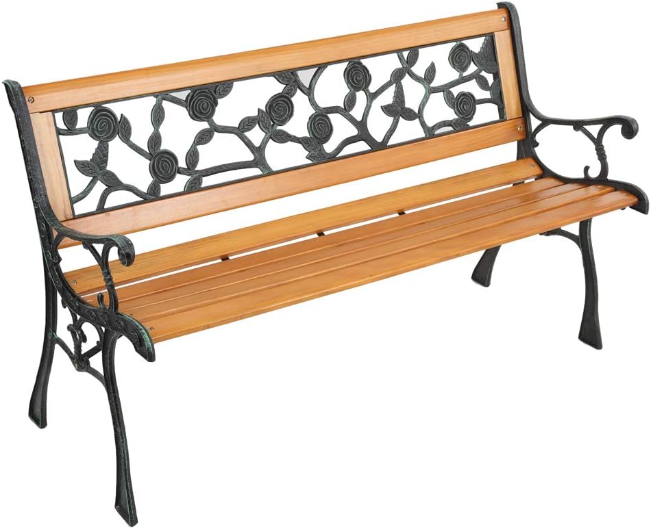 VINGLI Outdoor Bench Metal Garden Bench, Wood Patio Benches w/PVC Backrest Cast Iron Love Seat Park Benches for Porch Yard (Rose)