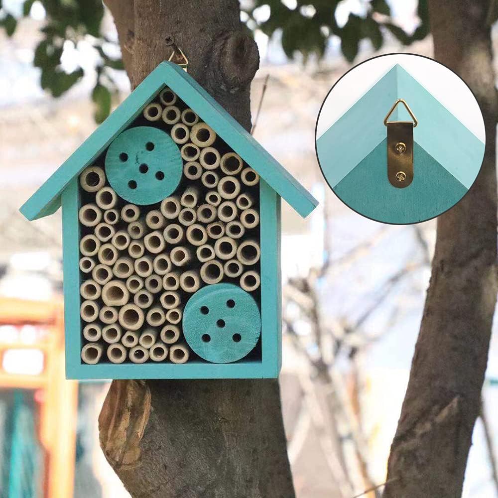 Mason Bee Houses Outdoor Wooden Blue Bee Hotel for Garden and Yard Hand-Made Bamboo Bee Hive for Bees Butterflies and Ladybugs, Medium Size 8"x7.5"x5"
