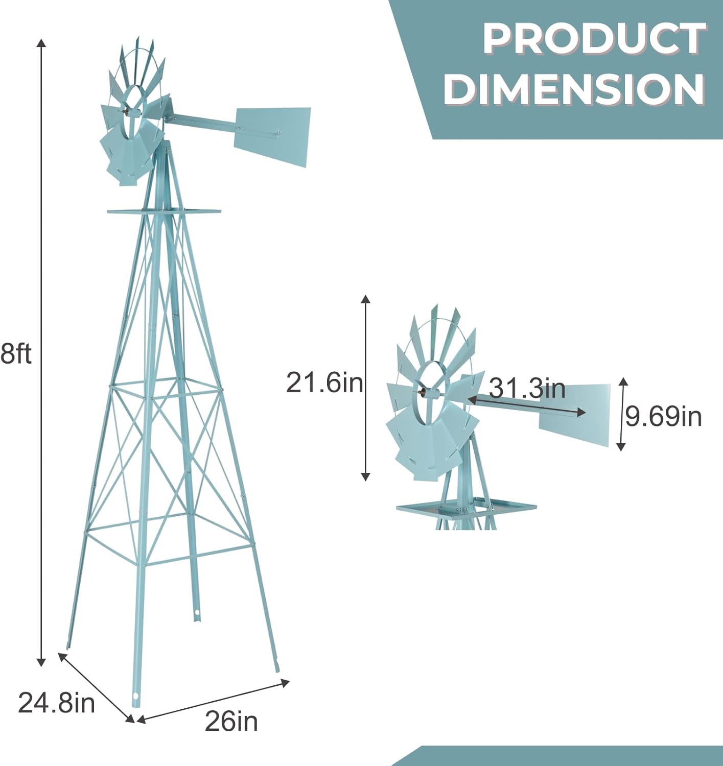 Outvita 8FT Ornamental Windmill for Yard, Heavy Duty Durable Metal Weather Vane Garden Decoration Weather Resistant for Garden, Farm, Seaside