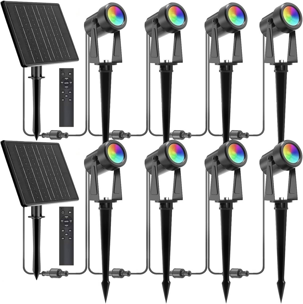 ZYAN Solar Powered Landscape Spotlights Outdoor Waterproof IP65, RGBW Colored Spotlights for Garden Yard, Auto On/Off Remoto Control Spot Lights for Plant, Tree, Patio, Path, Lawn, Wall (8 Pack)