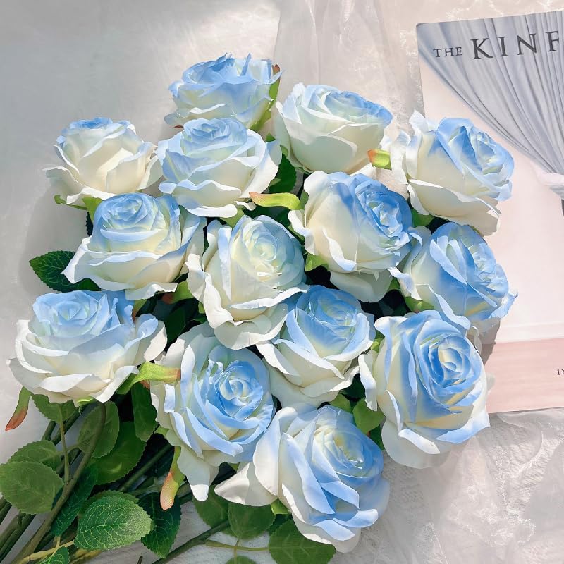 Ice Blue Artificial Roses Fake Flowers Not Bend The Peduncle with Stems for DIY Wedding Bouquets Bridal Shower Centerpieces Arrangements Tables Decorations 24pcs