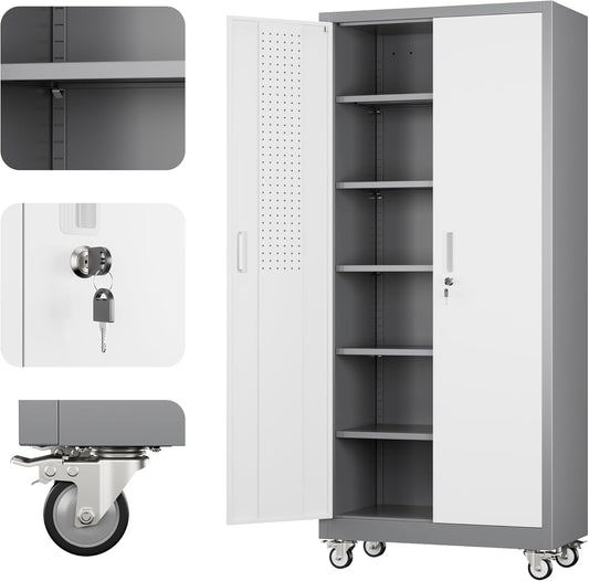 Metal Garage Storage Cabinet with Wheels & Pegboard, Lockable Metal Storage Cabinets with 2 Doors&5 Adjustable Shelves for Garage&Home,Assembly Required,Gray White 71''H x32''W x16''D
