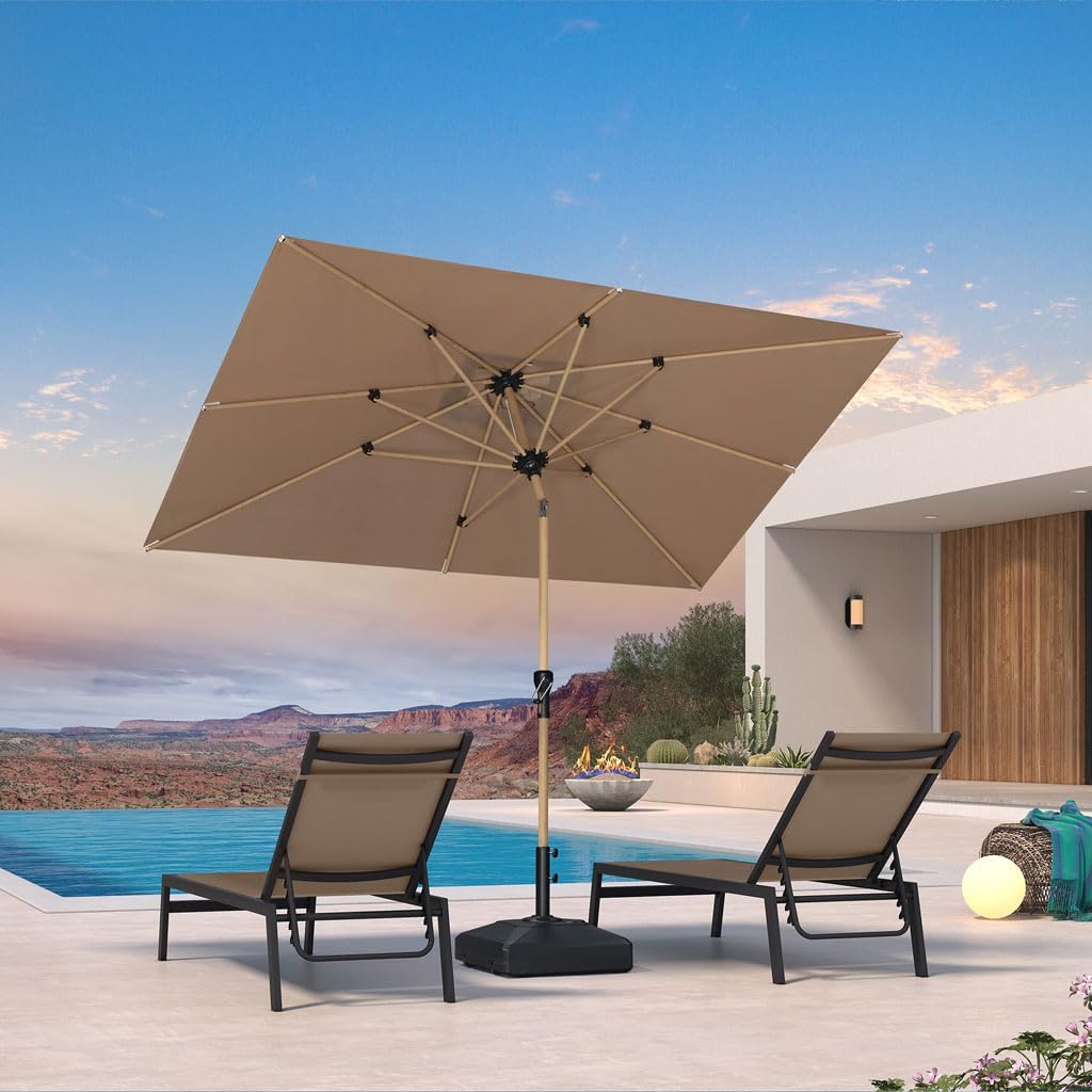 PURPLE LEAF 6' x 9' Market Umbrella Outdoor Table Umbrella Aluminum Patio Umbrella with Push Button Tilt & 8 Sturdy Ribs and Crank Rectangular Sun Umbrella for Pool Backyard Beach, Taupe