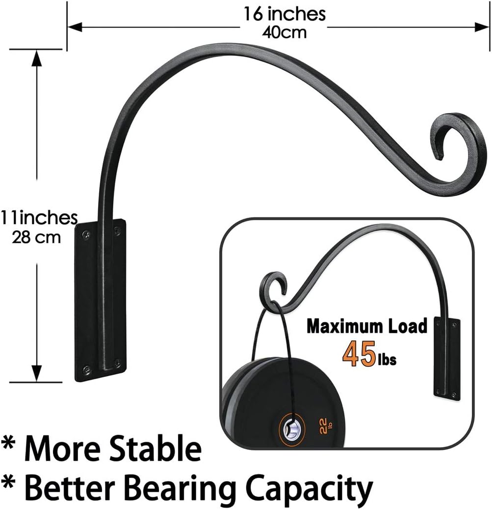 Heavy Duty Plant Hanger Bracket (16"/Black) Outdoor Hand-Forged Hanging Plant Bracket Durable and Stable Bird Feeder Hanger