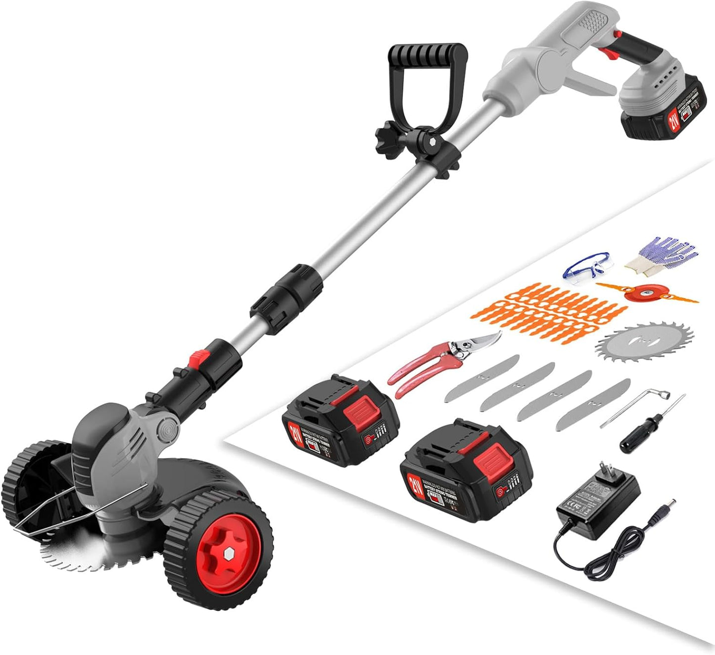 Electric Weed Wacker Cordless Eater Battery Powered, 21v Lightweight Weed Trimmer With 2 4.0Ah Battery Operated & Charger & Wheels & Shears, 3 In1 Grass Trimmer/Brush Cutter/Lawn Edger for Yard Garden