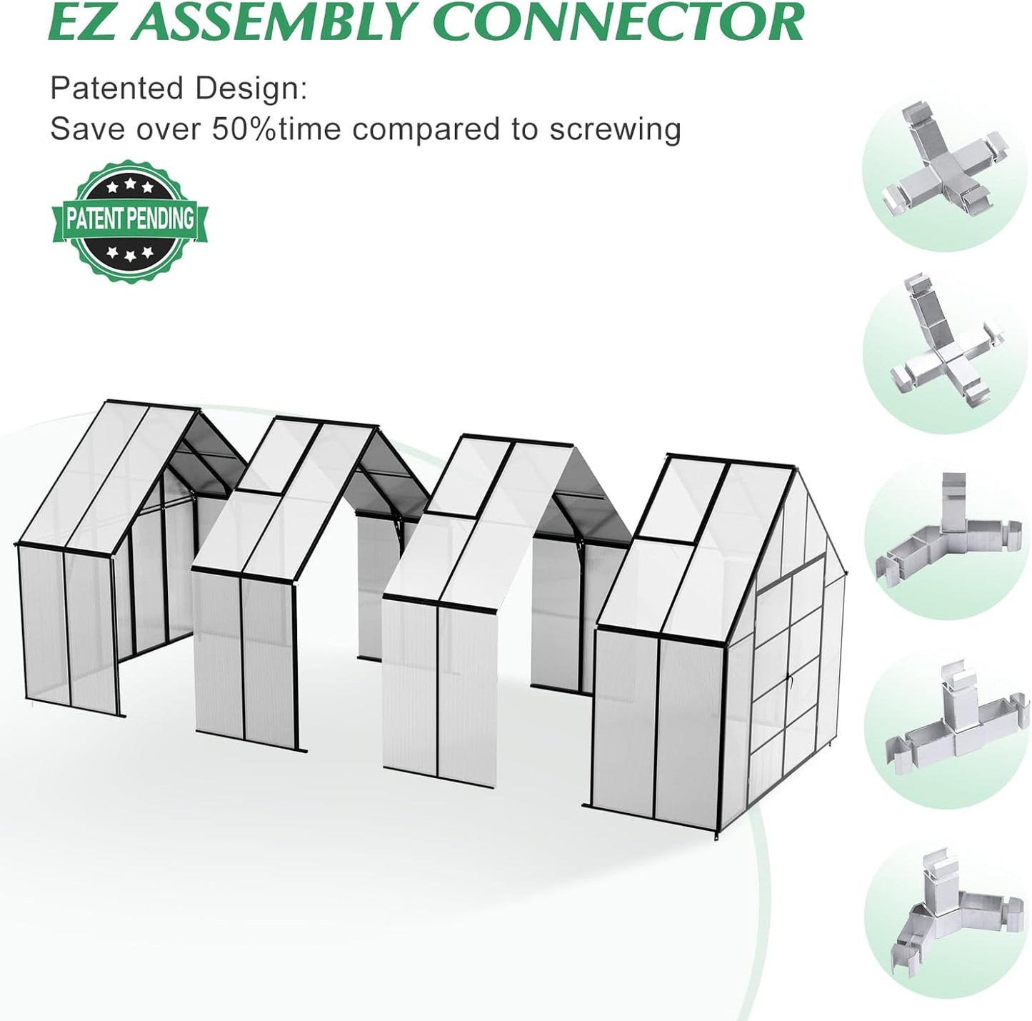 10'x10'x16' Snap-Together Greenhouse - Easy 3-Way Connectors, Heavy-Duty Aluminum Frame, Wind/Snow Resistant for Gardening/Urban Farming, Includes Sliding Door & Ventilation Windows