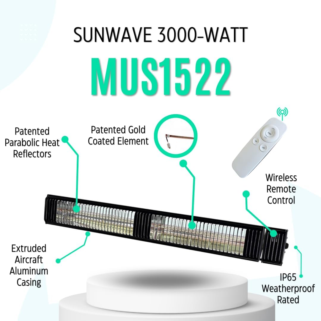 Commercial SunWave 3000 Watt Infrared Patio Heater Tungsten Ultra Quartz Low Glare with Remote control and 3 power levels, 11,028 BTU Max output By Muskoka Lifestyle Products USA (White)