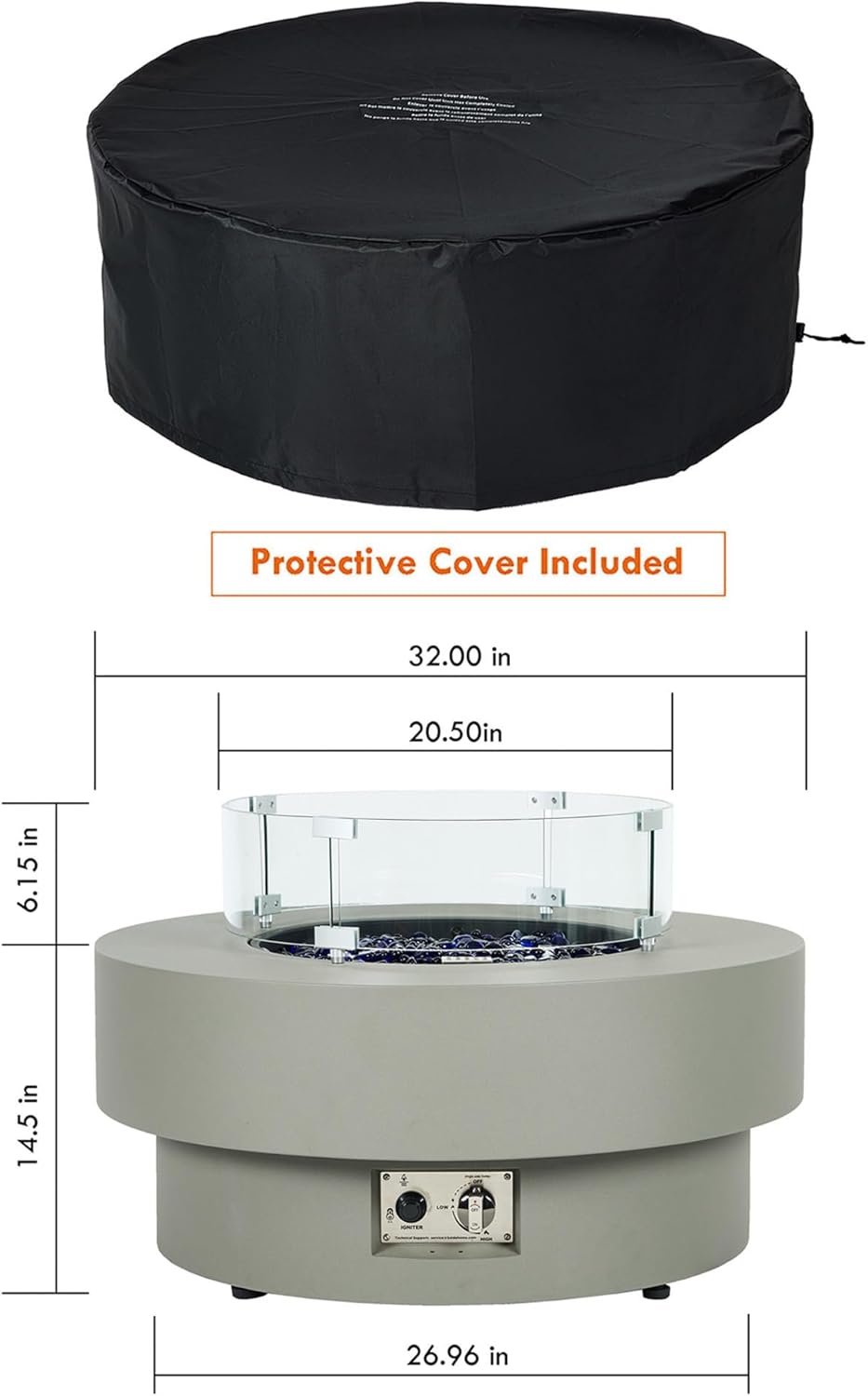 32.5-inch Outdoor Gas Fire Pit with 20lb Propane Tank Cover Table & Wind Glass Shield,50,000BTU Propane Gas Fire Pits for Outside Patio w/Round Burner Lid, Glass Rocks