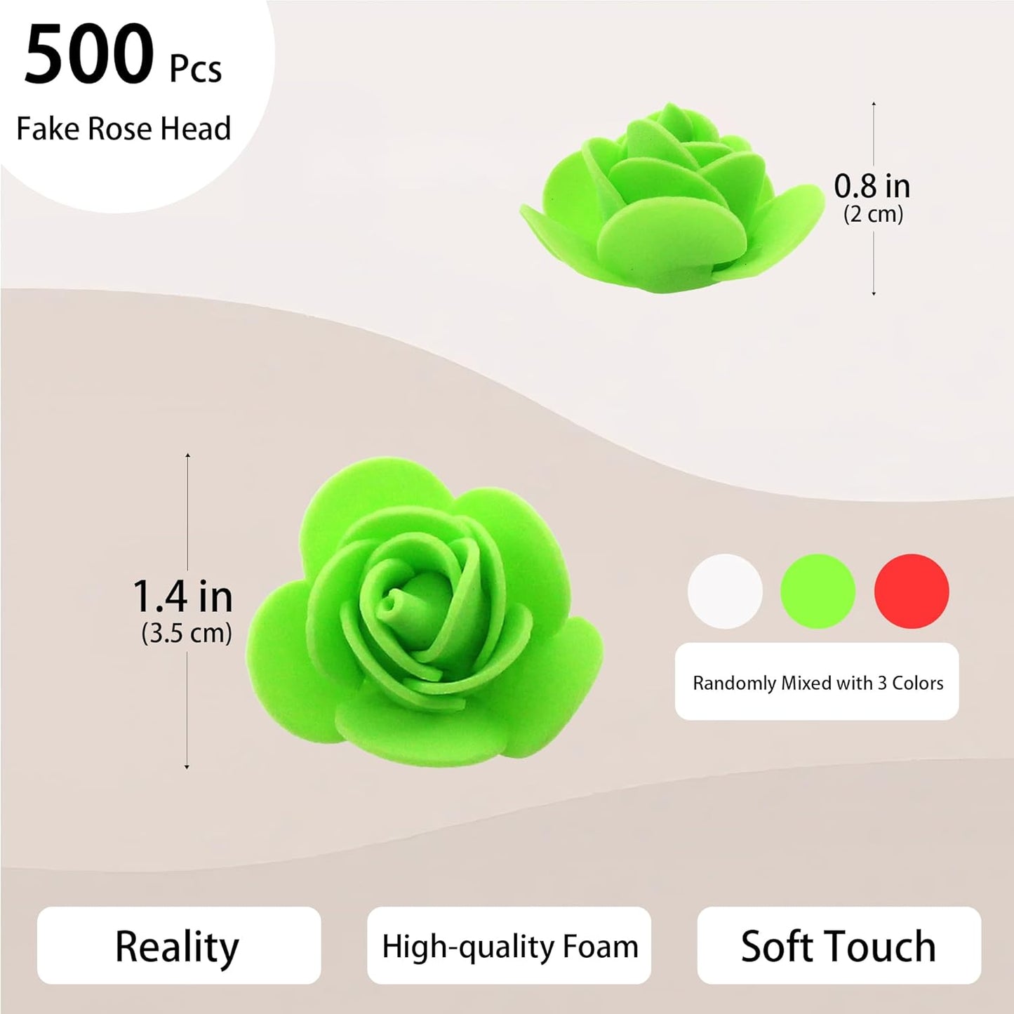 500 Pcs 1.4 Inch Mini Artificial Flowers Head Bulk 5 in 1 Set Faux Foam Fake Small Rose Tiny Baby Flores Bouquet Cake Gift Home Decoration DIY Craft (Coral Red, Green, White Mixed)