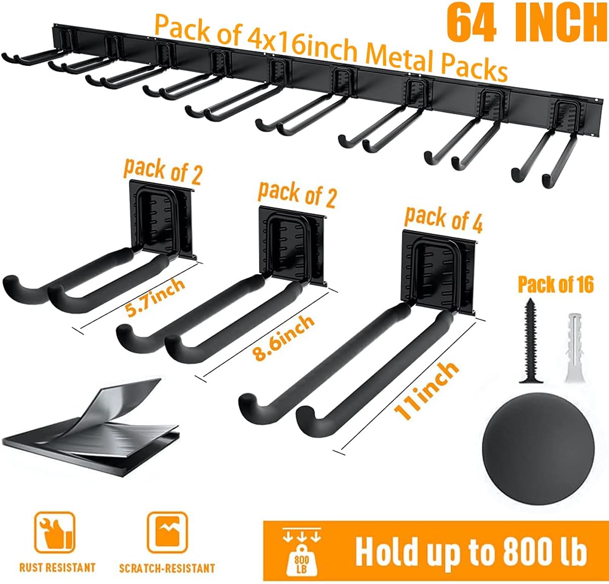 TORACK Tool Storage Rack, Heavy Duty Steel Garage Wall Mount Garden Tool Organizer for Ladders, Chairs, Shovels, Broom, Power tools (8-Pack 5.7"-11" Mixed Hooks, up to 800 lbs)