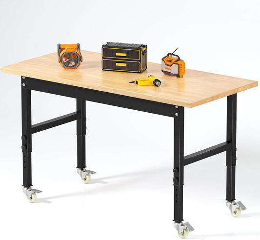 48’’ Work Bench Adjustable Workbench Heavy Duty Work Table with Wheels, 2000 Lbs Capacity Hardwood Work Benches for Garage, Workshop, Office, Home