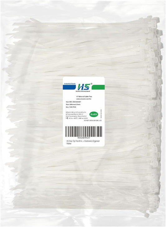 HS Clear Zip Ties 8 Inch (Bulk-1000 Pack) Nylon Cable Ties 40 Lbs Self-Locking Wire Ties for Electronics Organizer