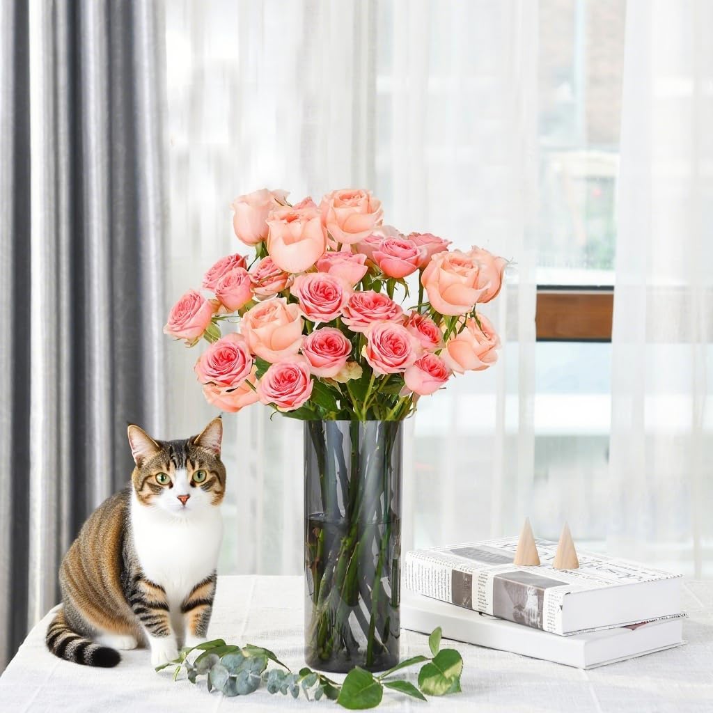 Flower Vase, Non-breakable Vases, 4" W x 16" H, Acrylic Grey Vase, Aesthetic Room Decor Cylindrical Modern Flower Vases for Table Centerpiece, Home Decor, Women Floral Arrangement Gift