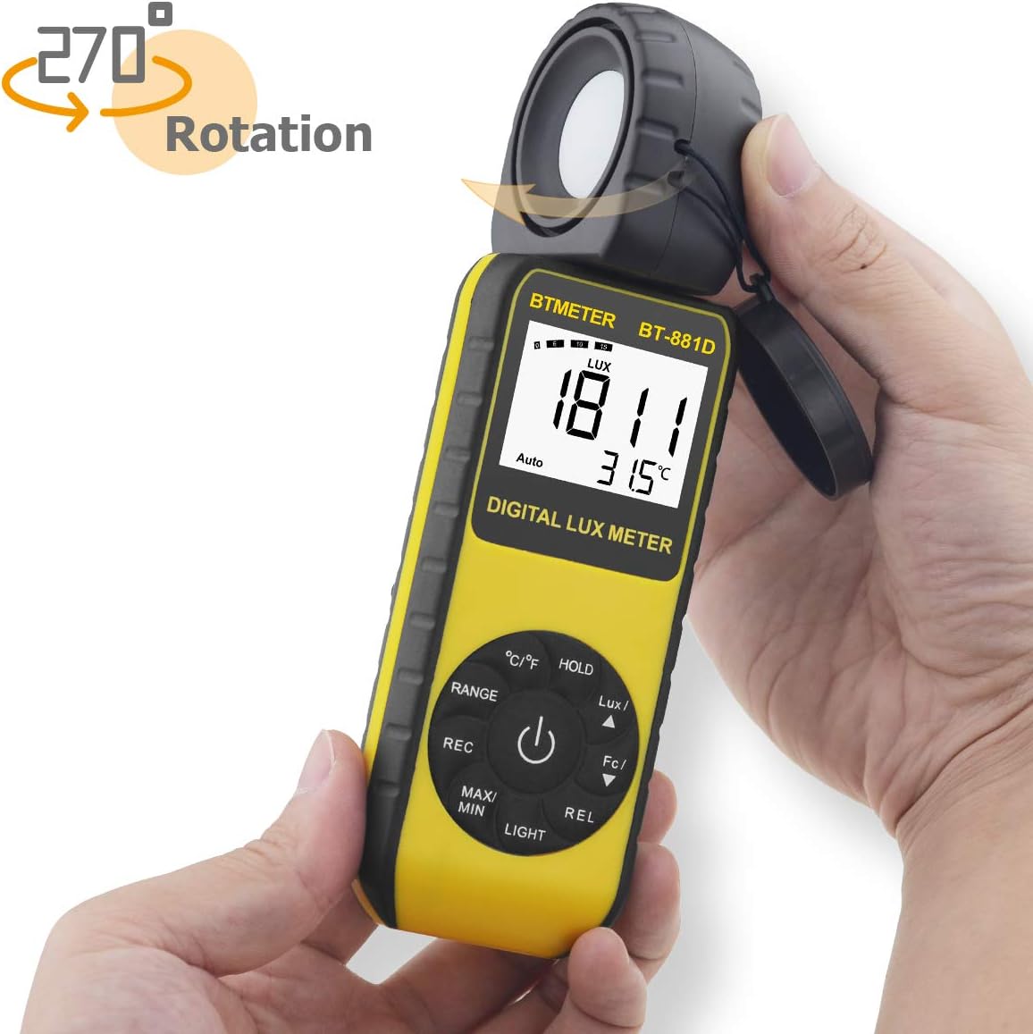 BTMETER BT-881D Digital Illuminance Light Meter, Measure Lights 0.01~400,000 Lux (0.01~40,000 FC) Foot Candles Luxmeter with 270º Rotated Sensor for Plants LED Lights Indoor Outdoor Light Tester