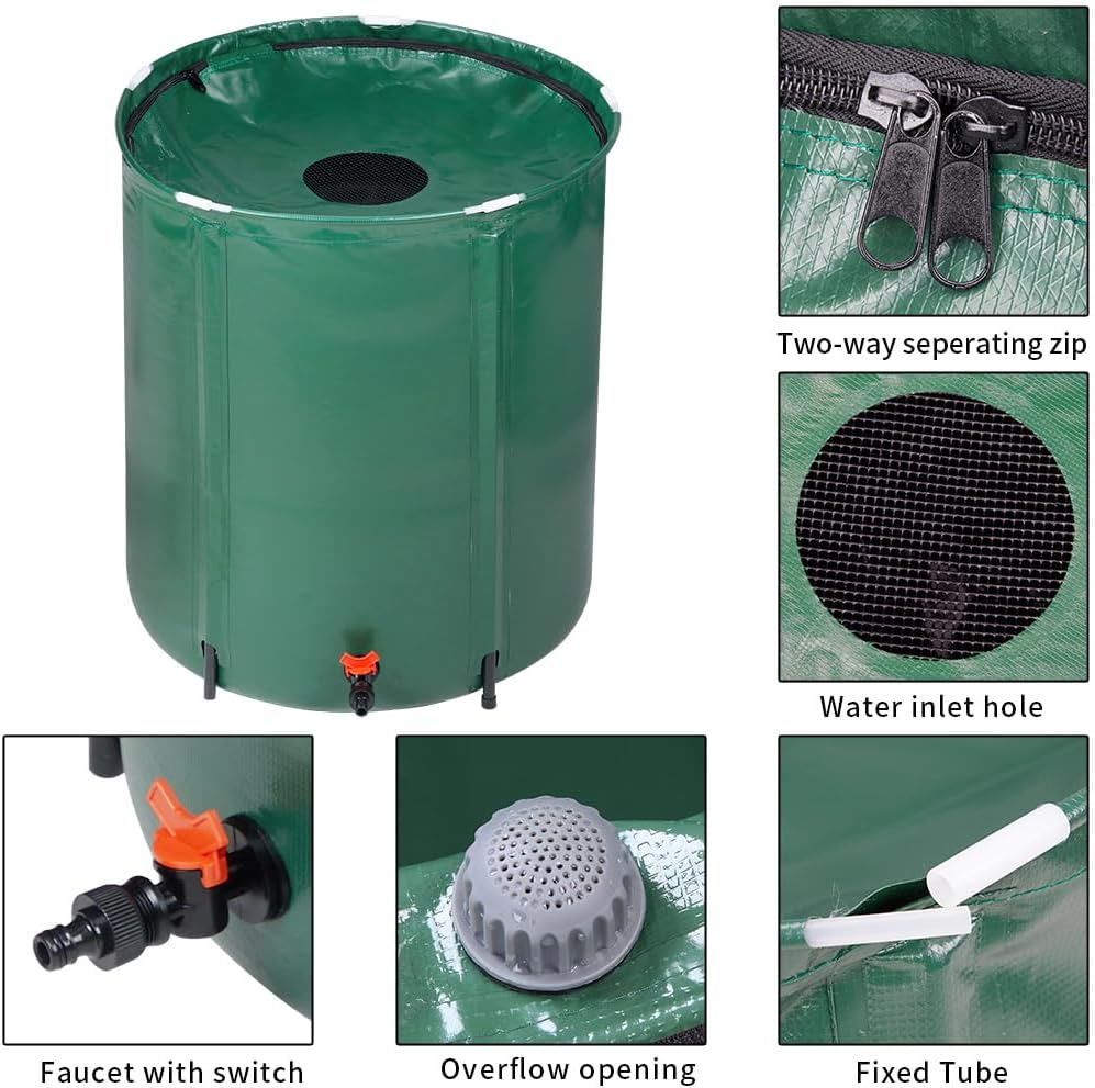 50 Gallon Collapsible Rain Barrel, Portable Rainwater Collection System, Water Storage Tank, Rain Catcher Barrel with Spigots and Overflow Kit, Rain Water Barrel Collector for Garden, Green