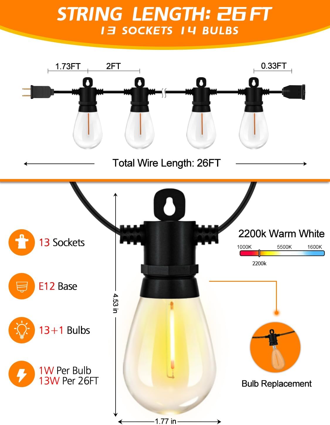 Achin 26FT LED Outdoor String Lights, Patio Lights Waterproof with 13+1 S14 Edison Shatterproof Bulbs, 2200K Dimmable Outside Hanging Lights, String Lights for Outside Backyard Bistro Market Pergola