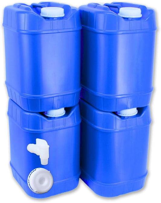 5-Gallon Stackable Water Storage Containers, 5 Gallons Each w/Lids + Spigot, Easy Fill, Survial Supply Emergency Water Storage for Camping and Disaster Preparedness, RV, 20 Gallon (4 Tanks)