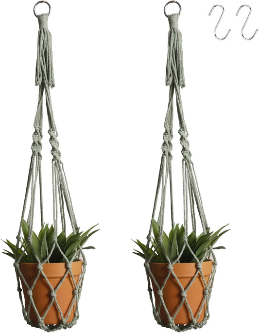 Artilady Macrame Hanging Planter for Indoor Plants, Boho Woven Plant Hanger Large Hanging Flower Pot Holders Outdoor Baskets Storage No Tassels Sage Green Wall Decor