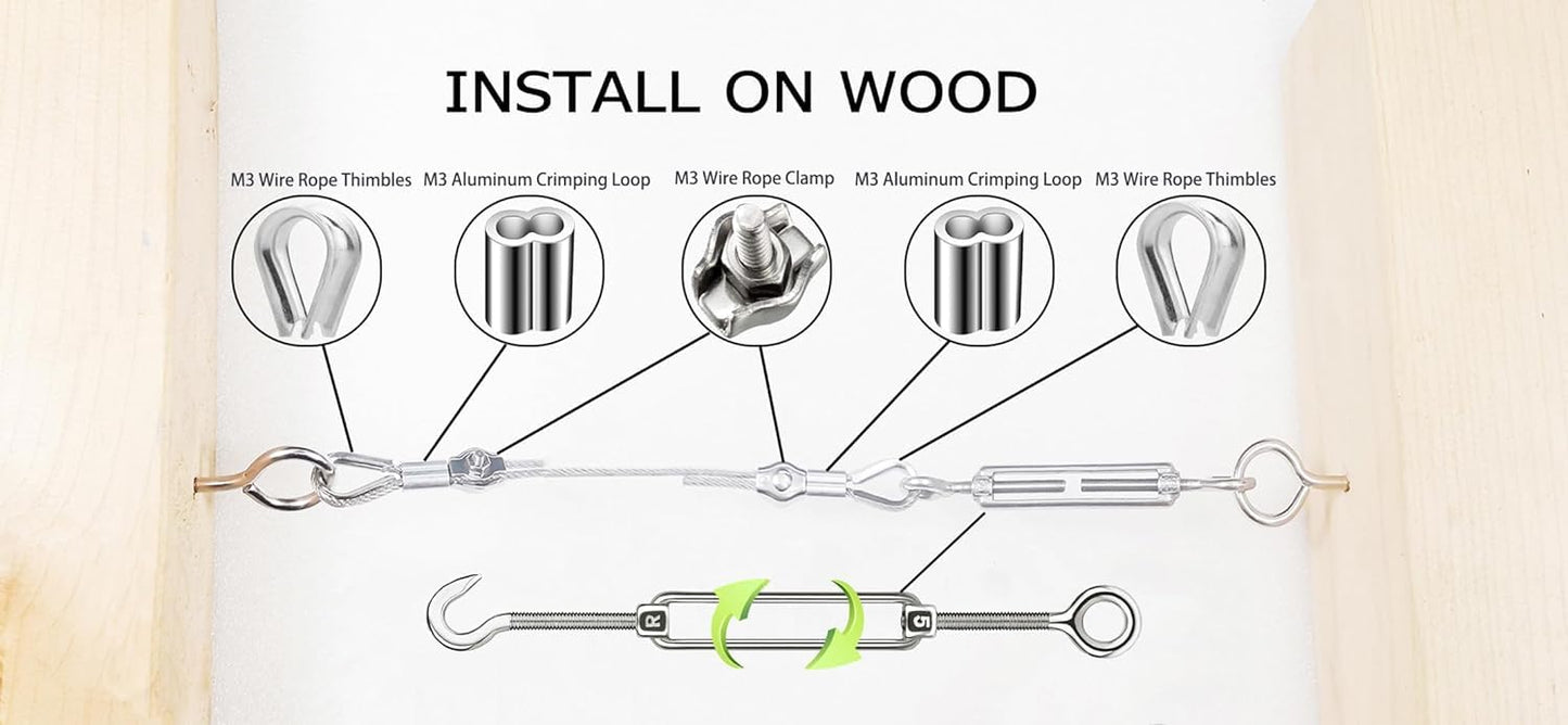 1/8" Stainless Steel Cable,1/8" Wire Rope,M5 Turnbuckle Kit,165FT Wire Tensioner for String Light Hanging Kit,Aircraft Cable,Guy Wire,Stainless Steel Wire Rope Kit