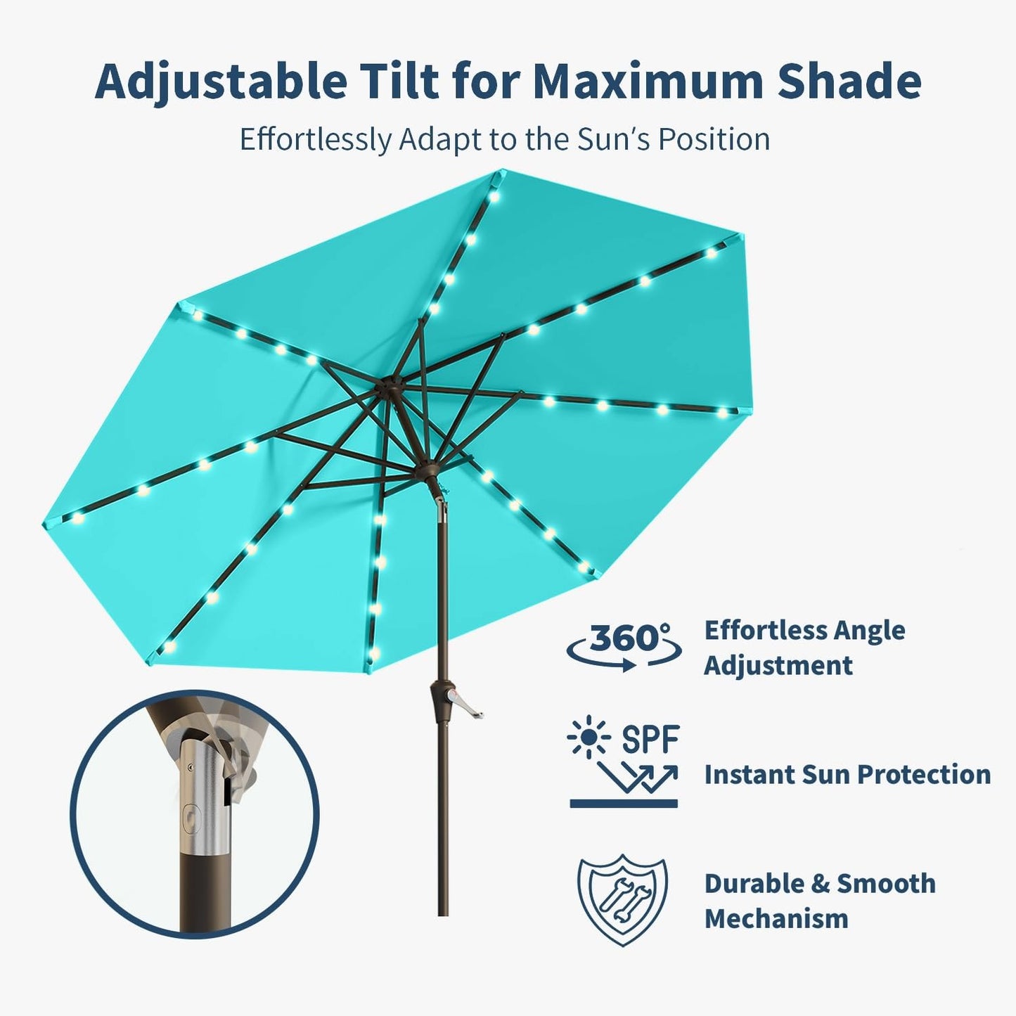 10FT Solar Umbrella 32 LED Lighted Patio Umbrella Table Market Umbrella w/Tilt and Crank, UV-Resistant Outdoor Umbrella for Pool, Garden, Deck, Aqua Blue