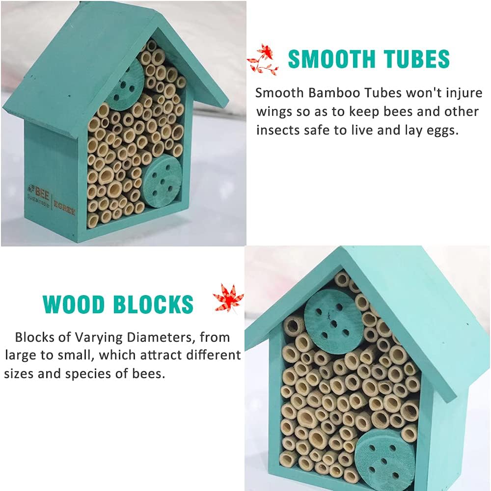 Mason Bee Houses Outdoor Wooden Blue Bee Hotel for Garden and Yard Hand-Made Bamboo Bee Hive for Bees Butterflies and Ladybugs, Medium Size 8"x7.5"x5"