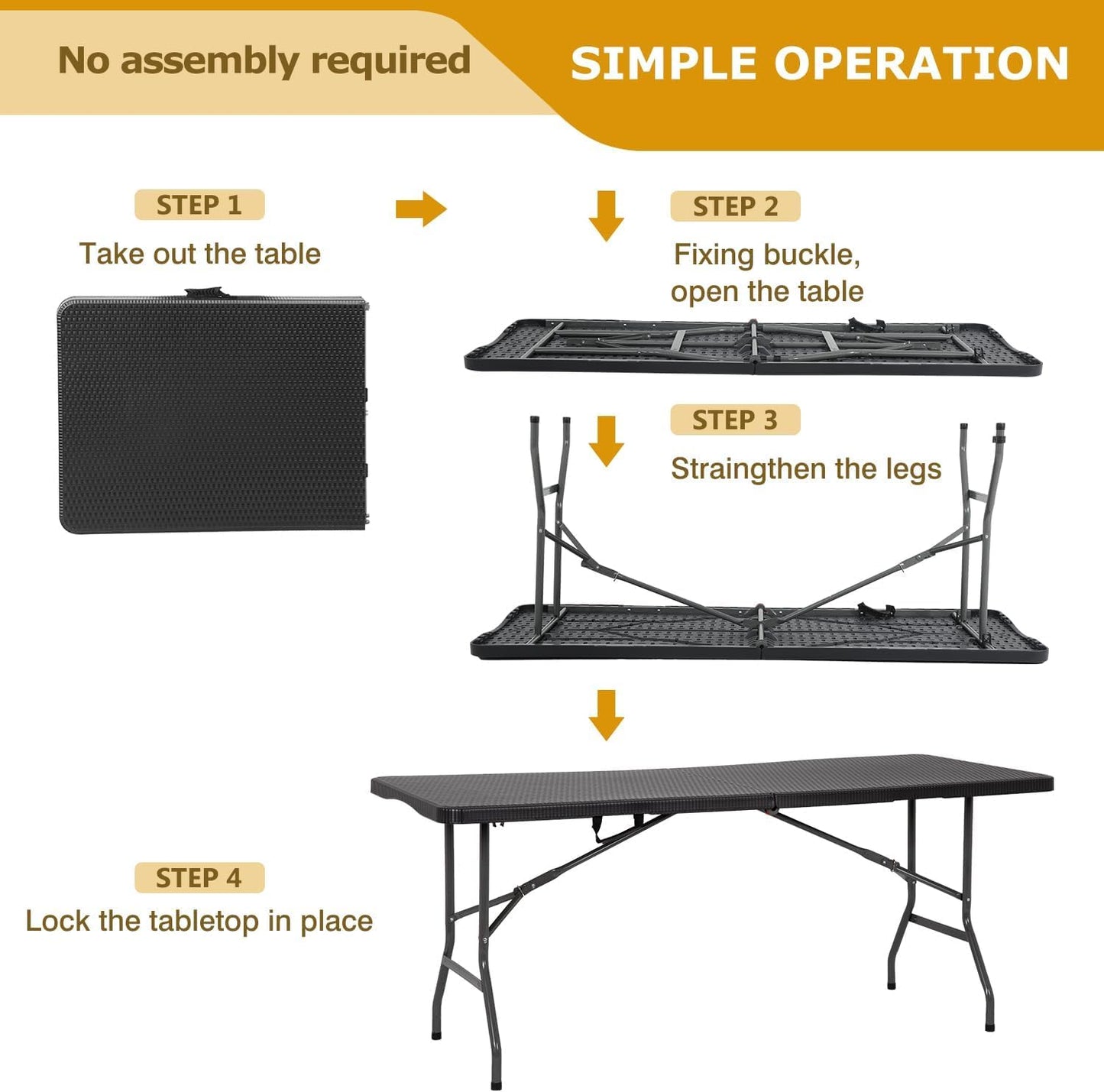6FT Folding Table, Heavy Duty Plastic Table Portable Fold-in-Half Utility Table Indoor Outdoor Picnic Table w/Handle & Lock for Camping BBQ Party Wedding Market Events, Black Ratten