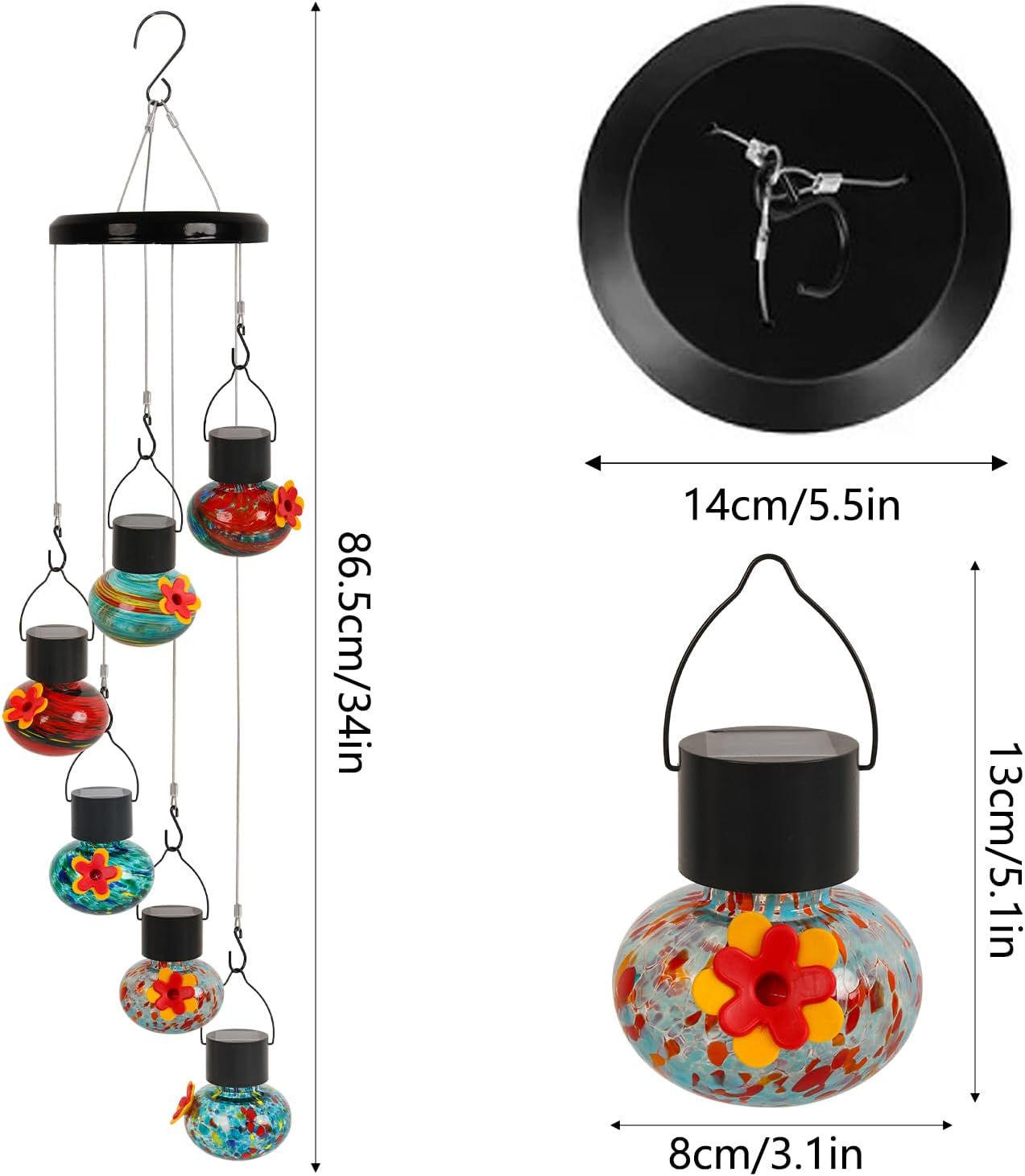 ‌Solar-Powered Hummingbird Feeder with Wind Chime Elegance – 6 Leak-Proof Glass Ports, Frosted Design & Multicolor Night Lights – Perfect Outdoor Gift for Nature Enthusiasts