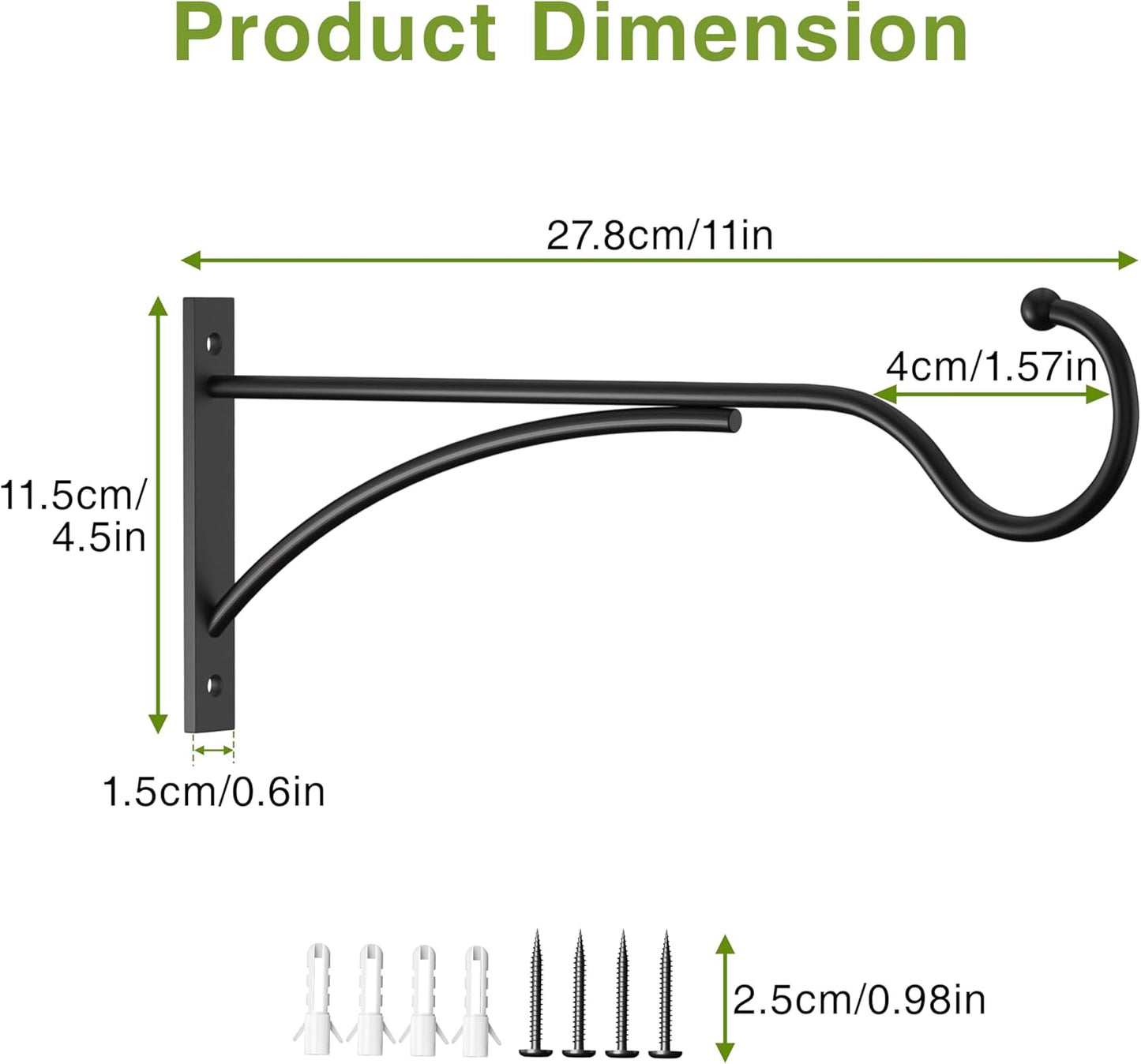 Outdoor Plant Hanging Hooks for Wall: 11 Inch Black Metal Bracket for Hanging Baskets, Bird Feeders, Wind Chimes, Flower Baskets, Yoga Mat, Lanterns. 1 Pack