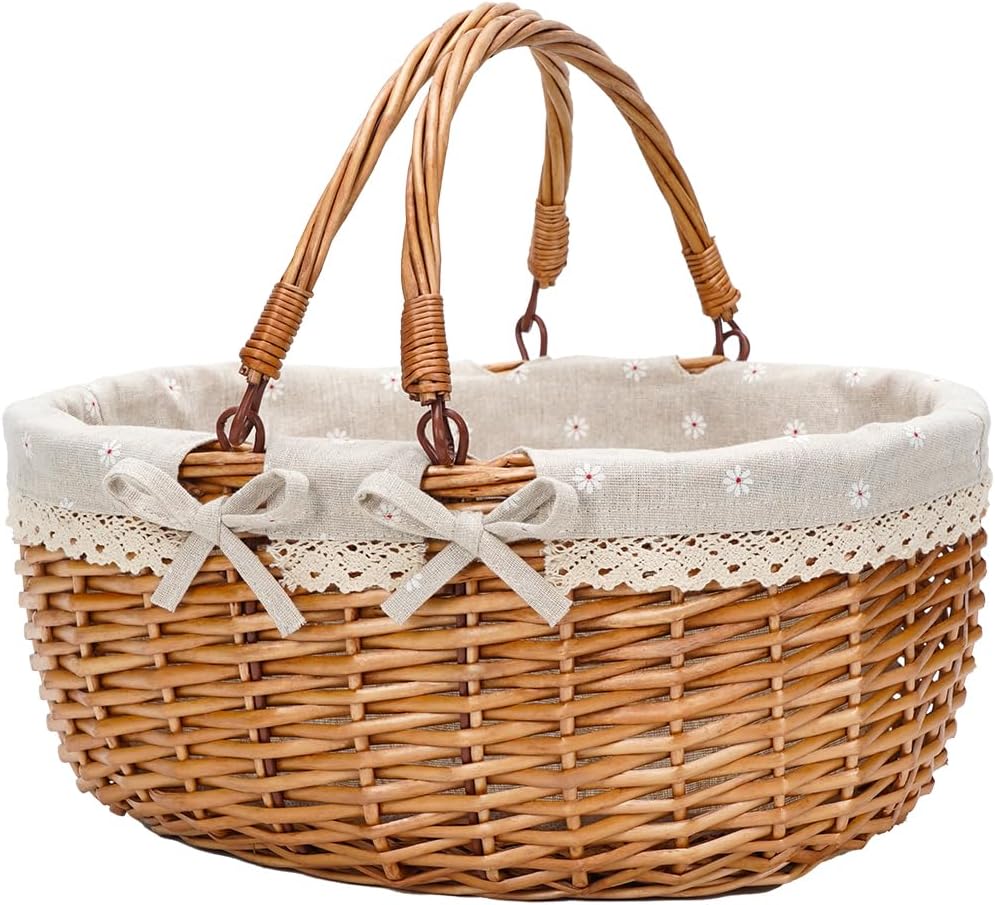 G GOOD GAIN Wicker Picnic Basket with Double Folding Handles,Willow Picnic Hamper,Natural Hand Woven Easter Basket,Easter Eggs and Candy Basket,Bath Toy and Kids Toy Storage,Gift Packing Basket.White