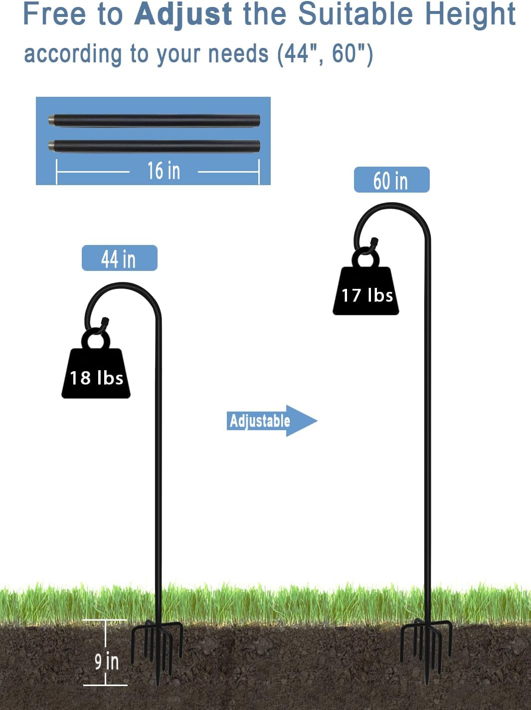 60 inch Outdoor Shepherd Hook with 5 Prong Base (2 Packs), Adjustable Heavy Duty Garden Hanging Stake for Bird Feeder Solar Light Plant Hanger Wedding Decor, Matte Black