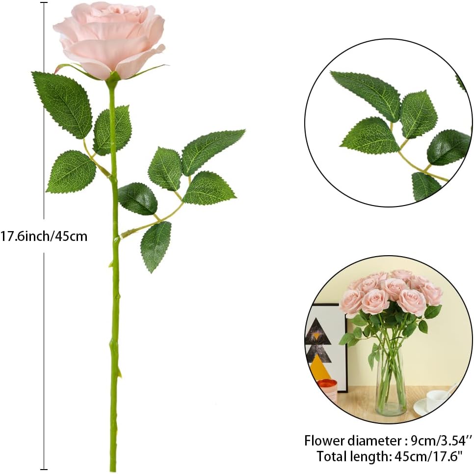 12pcs Blush Roses Artificial Flowers Fake Roses Silk Flowers Roses with Long Stems for Wedding Home Party Centerpieces Decorations