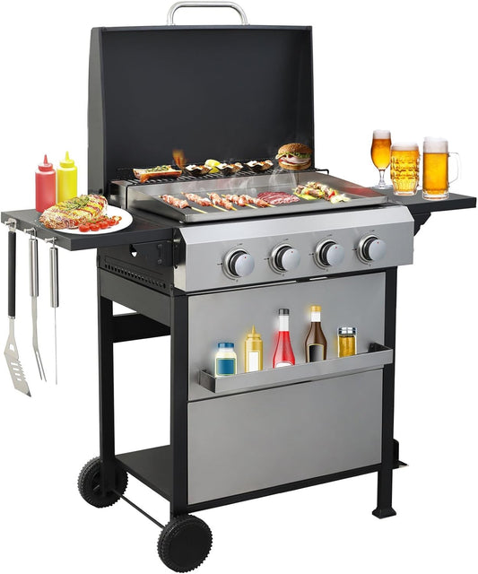 4 Burner Propane Grill with Built-in Thermometer, Durable Lid, Wheels, Foldable Side Tables, Stainless Steel Grilling Pan, 49,200 BTU Gas Grill for Patio, Garden Barbecues