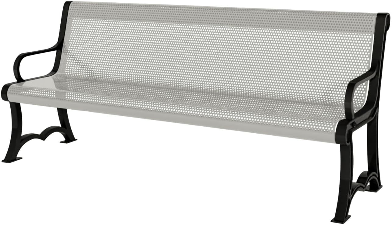 Heavy-Duty Outdoor Bench Thermoplastic Coated, Punched Steel, Commercial-Grade Garden Bench, Made in America (Portable with Back, 4 Ft, Textured Grey)