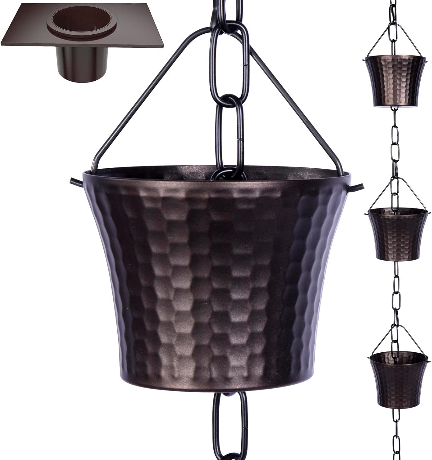 Rain Chains for Gutters with Adapter,Wrought Iron Rain Chain Set 8.5 Ft Not Rust, Gotta Drain with Sturdy Anchoring Stake, 14 Cups, 1 Hook, Adjustable Gutter Downspout for Outdoor Decorative