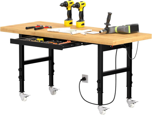 Solid Wood 60" Work Bench with Wheels, Heavy-Duty Workbench with Drawers, Adjustable Height Work Table with Power Outlets, 2000 LBS Capacity Workstation for Garage, Workshop(60" X 24")
