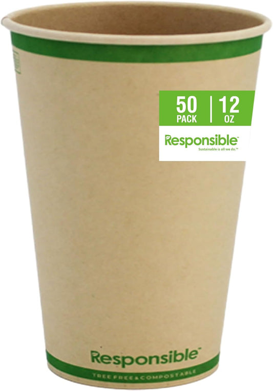 Certified Compostable 12 oz Paper Cups, Cold ＆ Hot Coffee Cups, Disposable Paper Cups, Extra Strength Disposable Cups, Made without PFAS (50 count)