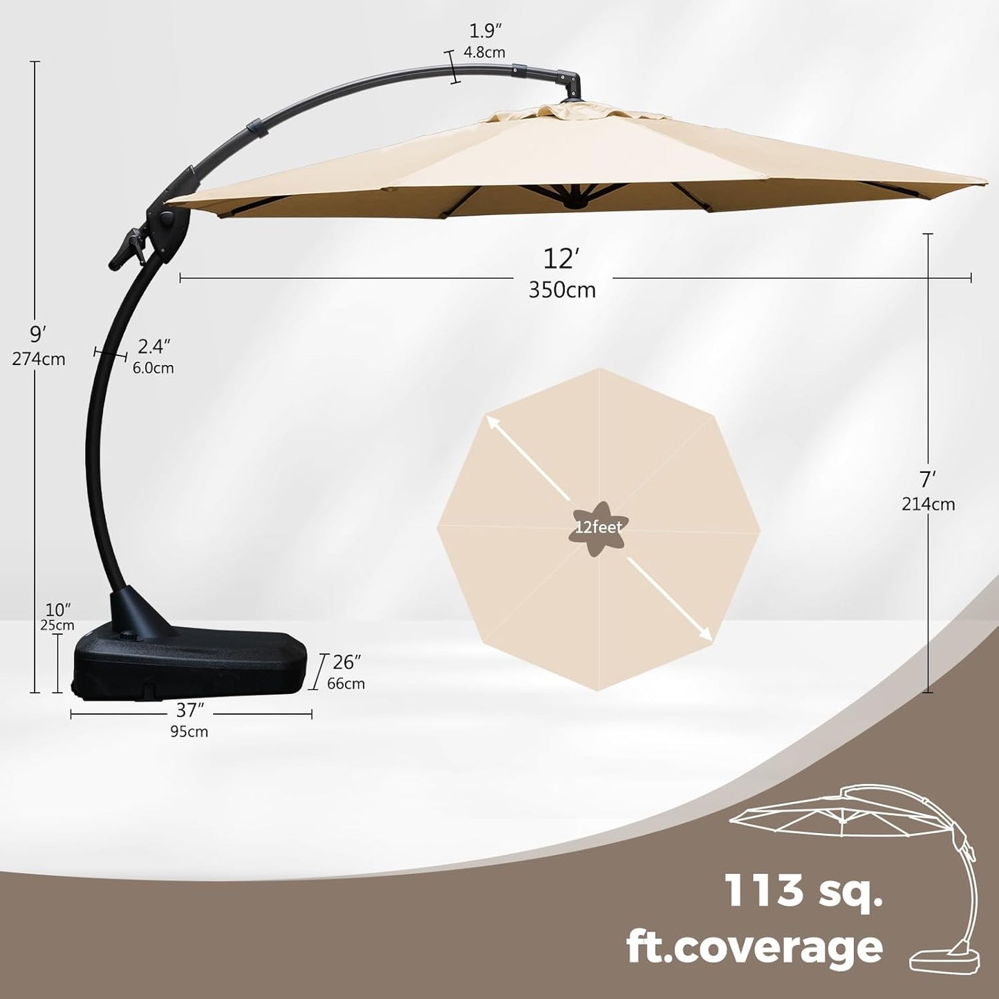 Grand patio 12 FT Sunbrella Cantilever Umbrella with Base Outdoor Aluminum Offset Umbrella with Tilt Adjustment (Flax, 12 FT-SUNBRELLA)