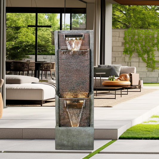 Outdoor Garden Waterfalls Fountains with Led Lights Water Fountain Outdoor/Indoor Resin Fountain for Patio Decor Garden, House, Office, Garden, Home Art Decor
