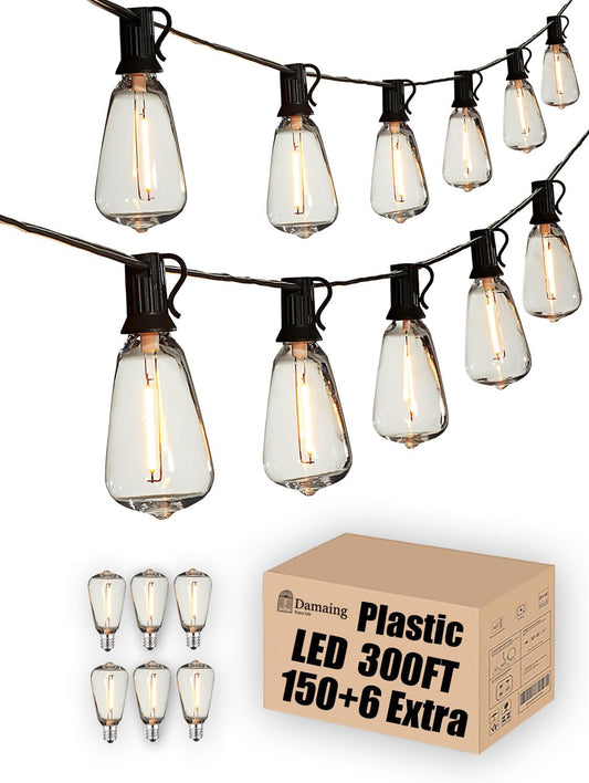 DAMAING String Lights for Outside 300FT shatterproof connectable Patio Lights Outdoor 3 Pack x 100FT with 156 PCS Vintage dimmable LED Edison Bulbs,Waterproof Hanging Lights for Backyard,Deck